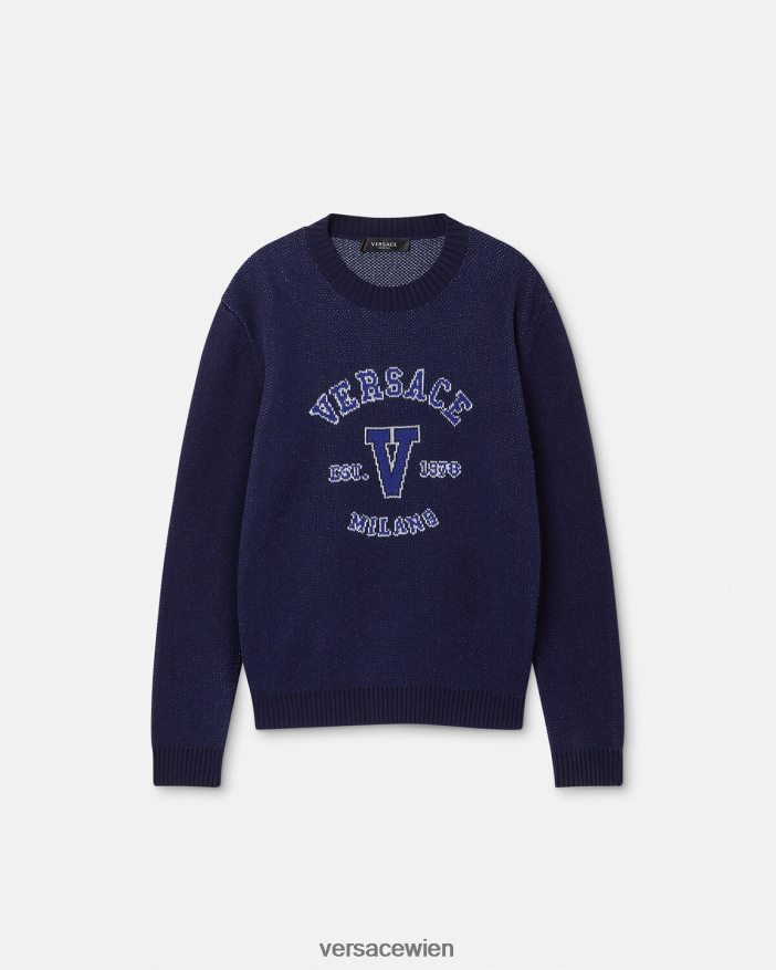 Blau Pullover mit College-Logo und Intarsienmuster Versace Männer Kleidung 8N4XJD1349