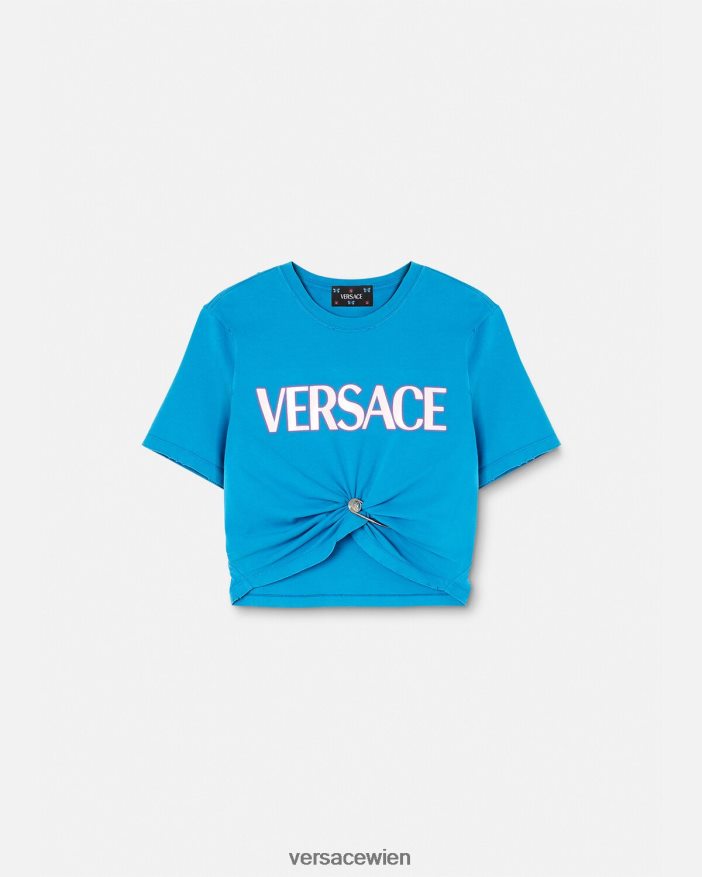 Blau T-Shirt mit Sicherheitsnadel-Logo Versace Frauen Kleidung 8N4XJD140