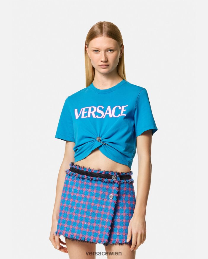 Blau T-Shirt mit Sicherheitsnadel-Logo Versace Frauen Kleidung 8N4XJD140