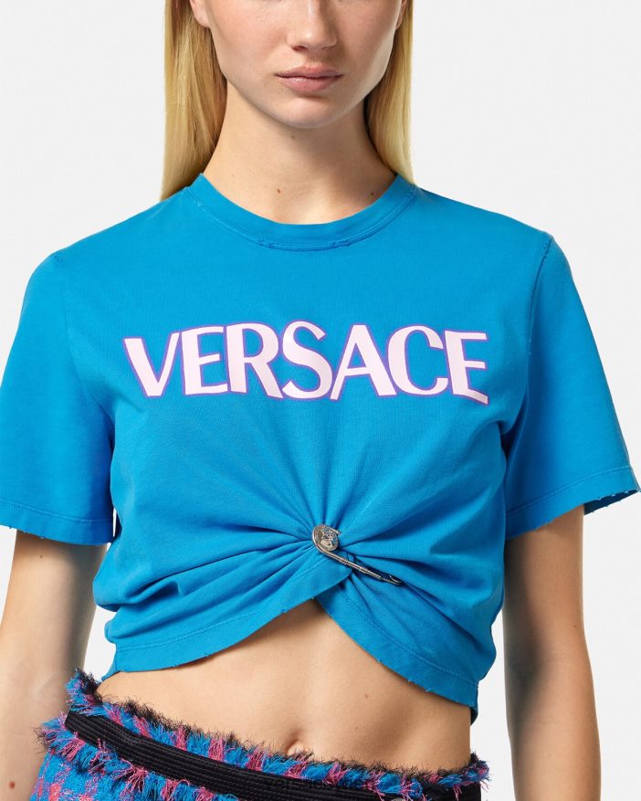 Blau T-Shirt mit Sicherheitsnadel-Logo Versace Frauen Kleidung 8N4XJD140