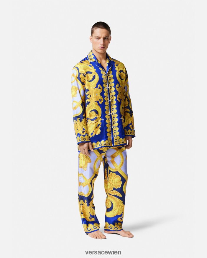 Blau und Gold Pyjama-Oberteil aus Seide im Barocco 660-Stil Versace Männer Unterwäsche und Strandbekleidung 8N4XJD1739