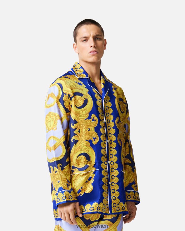 Blau und Gold Pyjama-Oberteil aus Seide im Barocco 660-Stil Versace Männer Unterwäsche und Strandbekleidung 8N4XJD1739