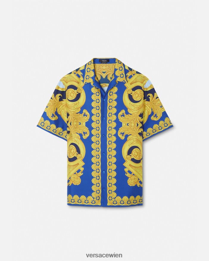 Blau und Gold Seidenhemd im Barocco 660-Stil Versace Männer Kleidung 8N4XJD1319