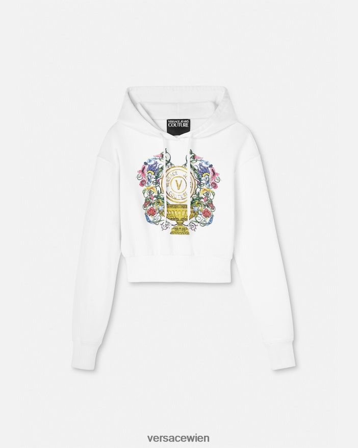 Gold und Weiß Crop-Kapuzenpullover mit V-Emblem für den Garten Versace Frauen Kleidung 8N4XJD2232