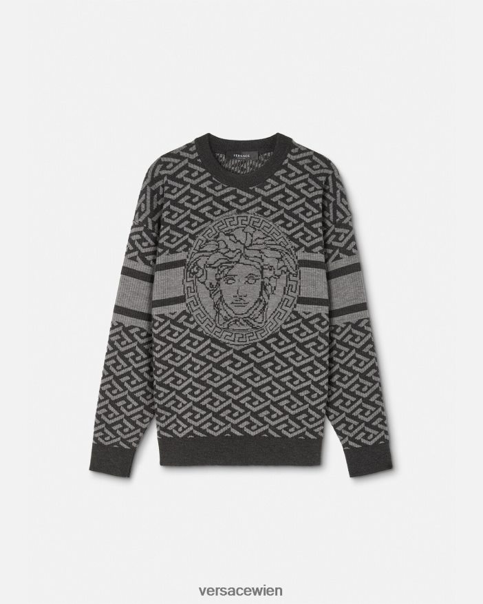 Grauschwarz La Greca-Medusa-Jacquard-Pullover Versace Männer Kleidung 8N4XJD1339