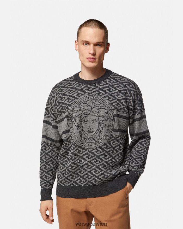 Grauschwarz La Greca-Medusa-Jacquard-Pullover Versace Männer Kleidung 8N4XJD1339