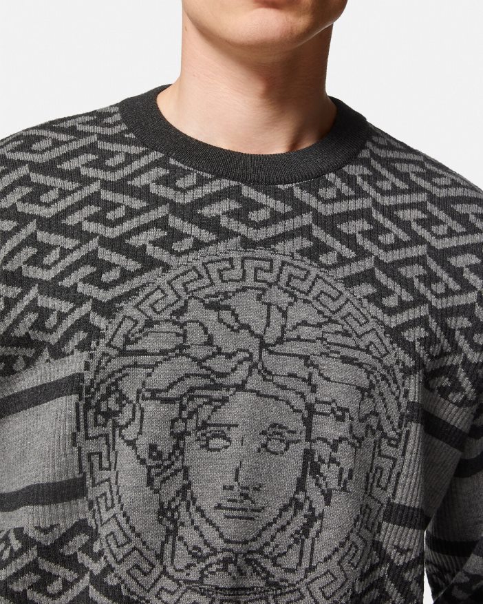 Grauschwarz La Greca-Medusa-Jacquard-Pullover Versace Männer Kleidung 8N4XJD1339