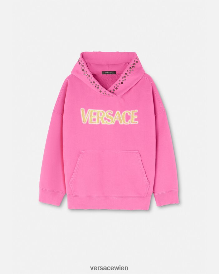 Rosa Kapuzenpullover mit Nieten und Distressed-Logo Versace Frauen Kleidung 8N4XJD143