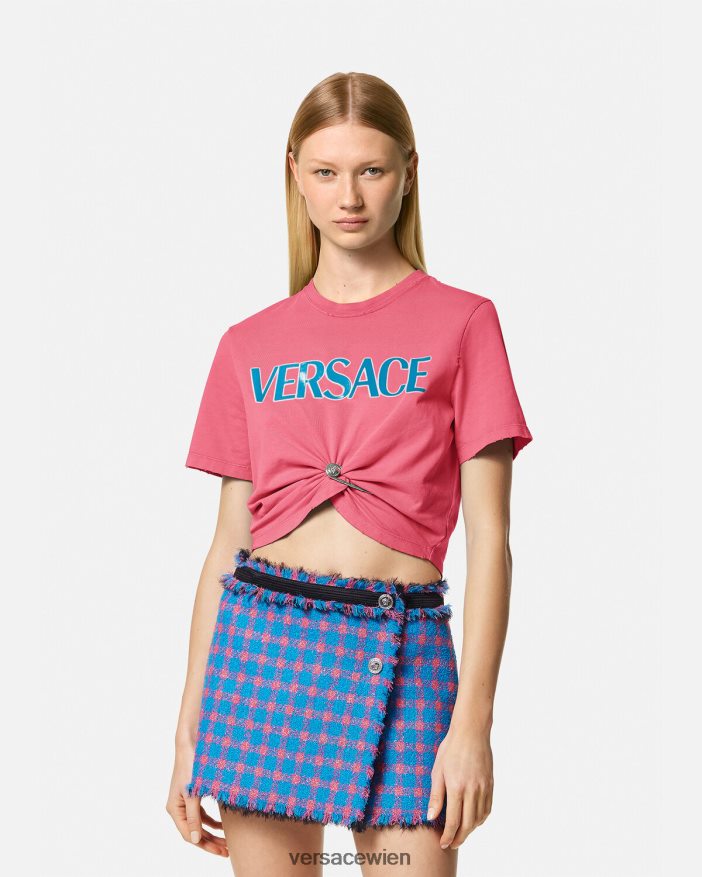 Rosa T-Shirt mit Sicherheitsnadel-Logo Versace Frauen Kleidung 8N4XJD139