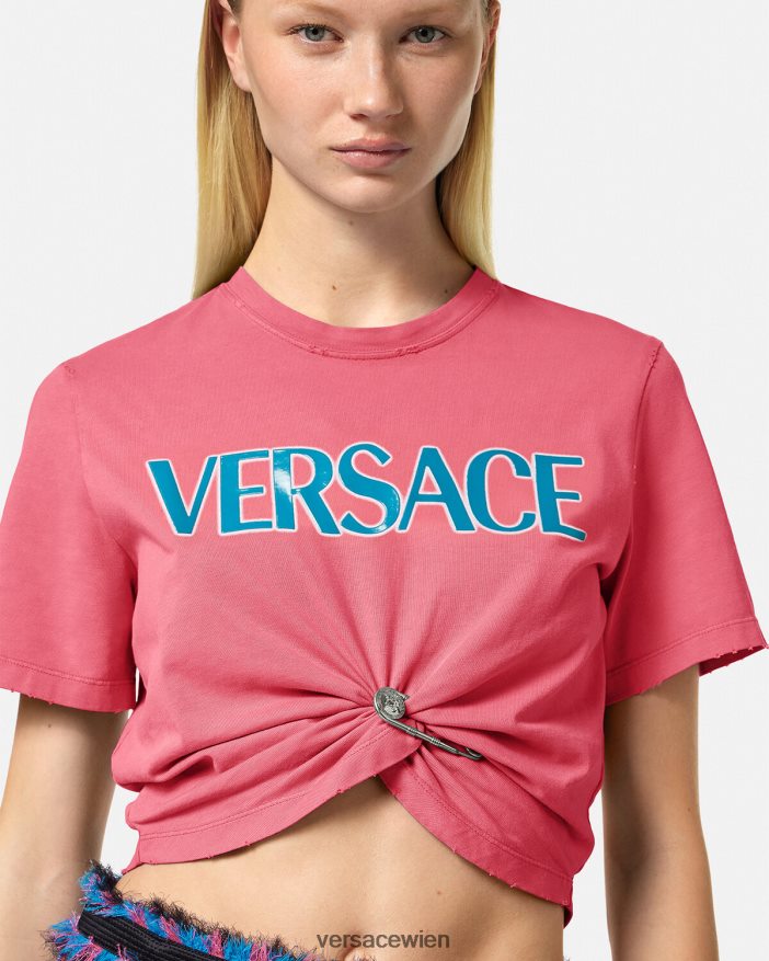 Rosa T-Shirt mit Sicherheitsnadel-Logo Versace Frauen Kleidung 8N4XJD139