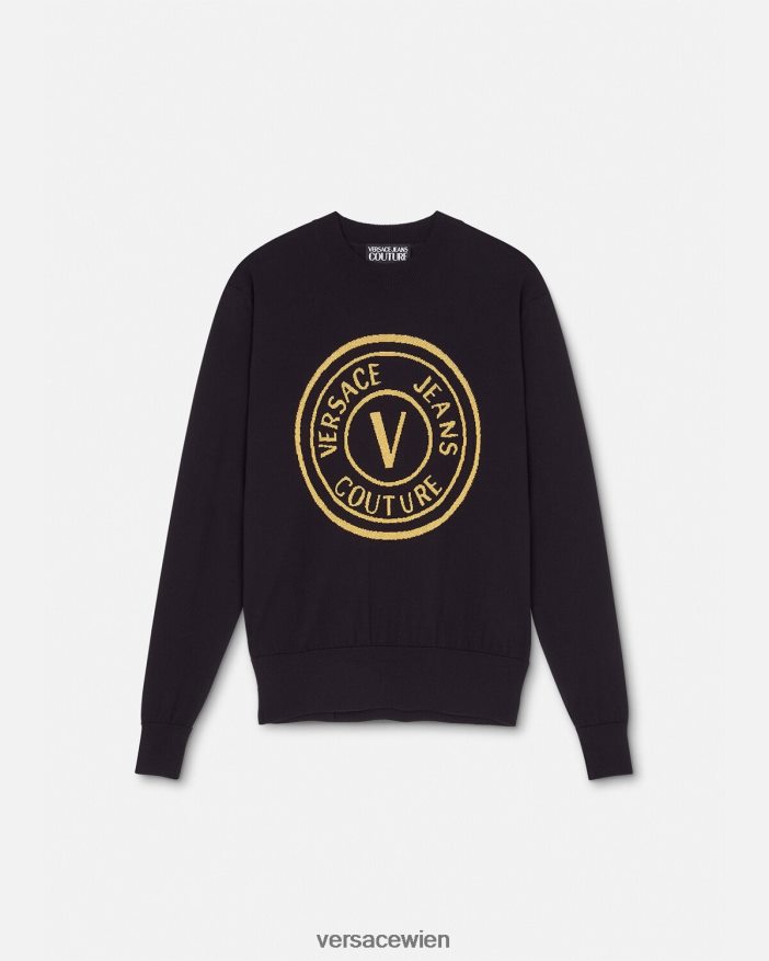 Schwarz  Druck Gestrickter Wollpullover mit V-Emblem Versace Männer Kleidung 8N4XJD2434