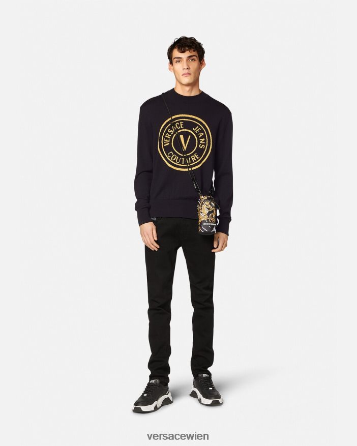 Schwarz  Druck Gestrickter Wollpullover mit V-Emblem Versace Männer Kleidung 8N4XJD2434