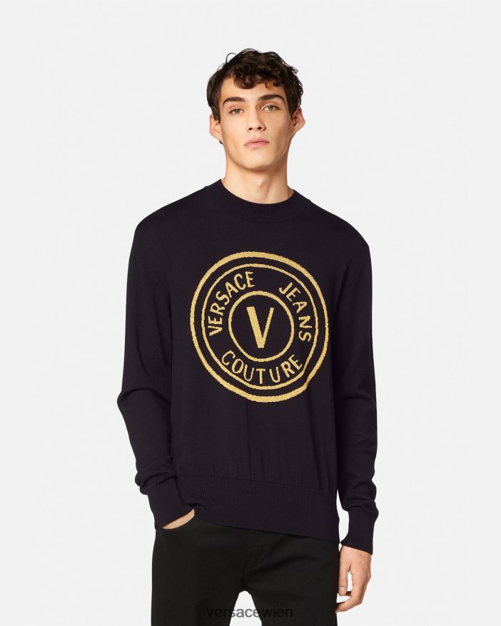 Schwarz  Druck Gestrickter Wollpullover mit V-Emblem Versace Männer Kleidung 8N4XJD2434