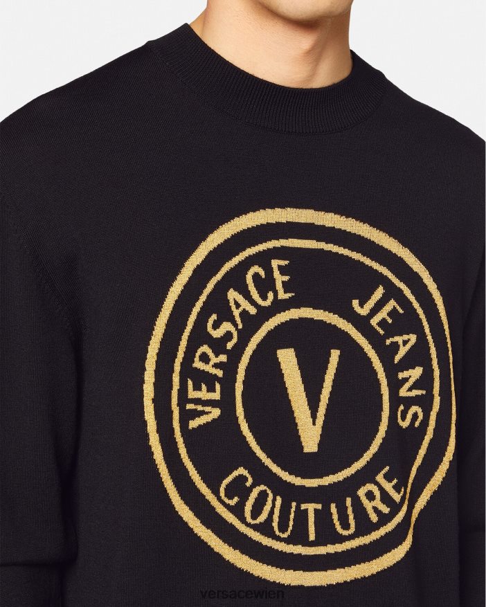 Schwarz  Druck Gestrickter Wollpullover mit V-Emblem Versace Männer Kleidung 8N4XJD2434