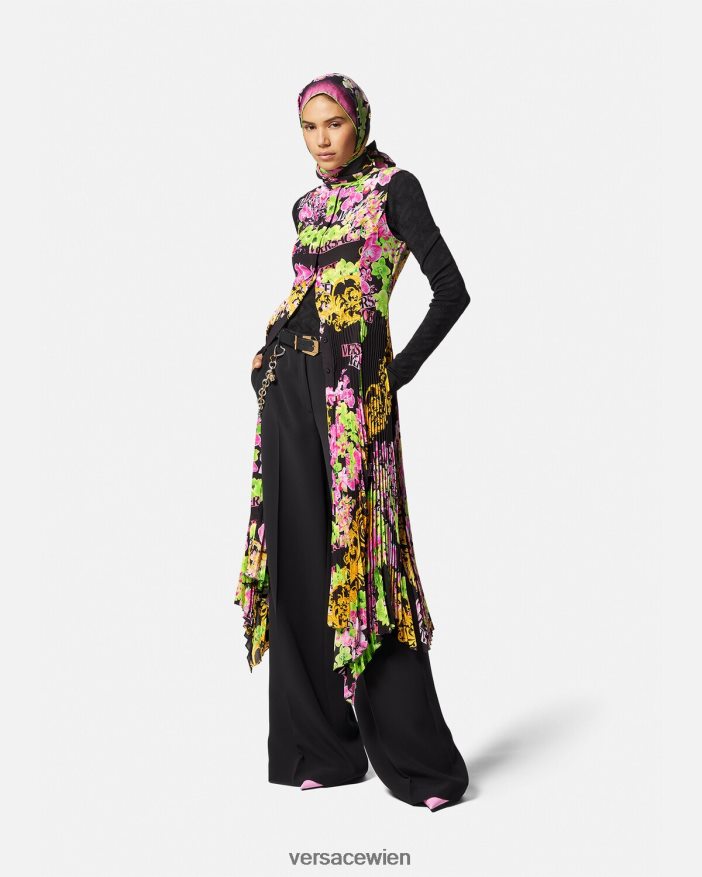 Schwarz  Druck Midi-Hemdkleid mit Logo-Orchidee Versace Frauen Kleidung 8N4XJD69