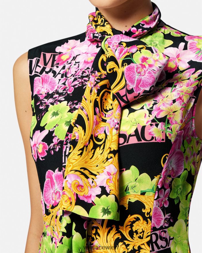 Schwarz  Druck Midi-Hemdkleid mit Logo-Orchidee Versace Frauen Kleidung 8N4XJD69