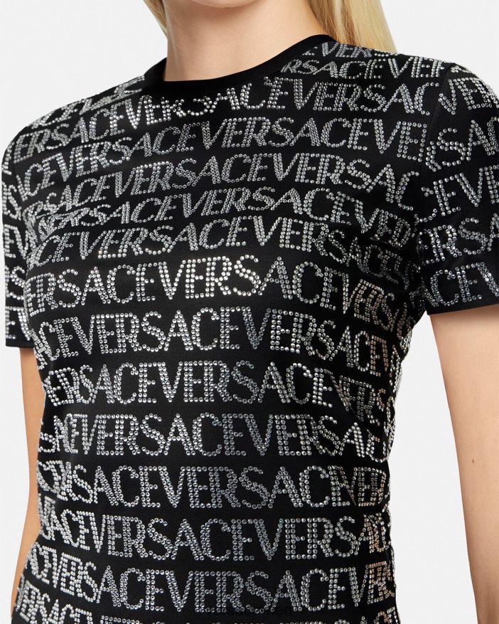 Schwarz Allover-T-Shirt mit Kristallen Versace Frauen Kleidung 8N4XJD147