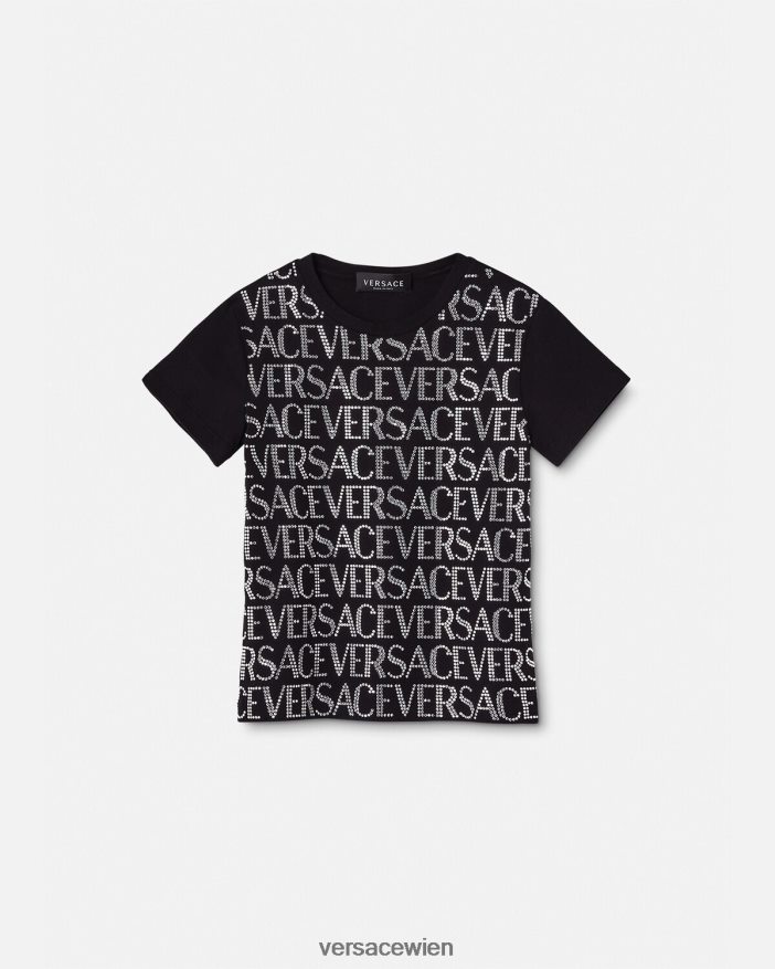 Schwarz Allover-T-Shirt mit Kristallen Versace Kinder Kleidung 8N4XJD2024