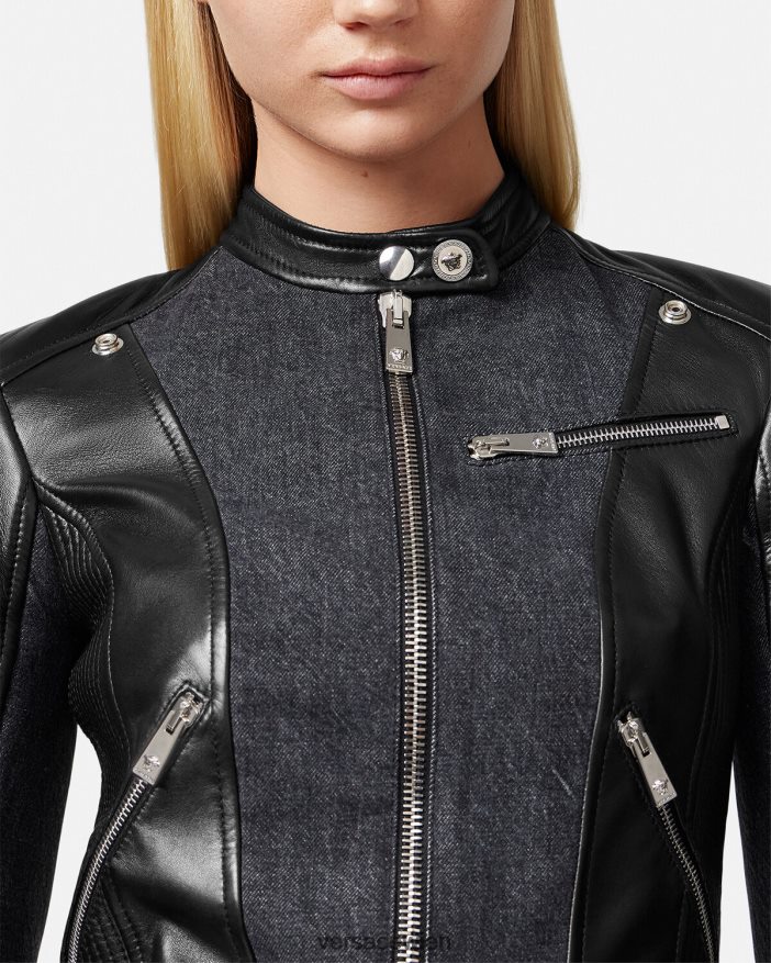 Schwarz Bikerjacke aus Denim-Leder Versace Frauen Kleidung 8N4XJD90