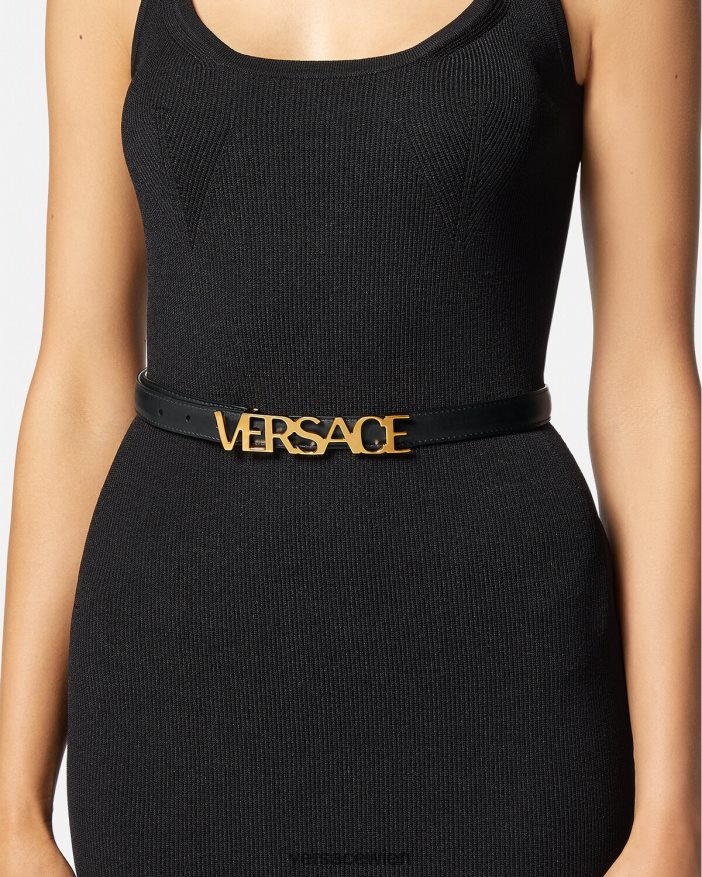 Schwarz Dünner Ledergürtel mit Logo Versace Frauen Zubehör 8N4XJD538