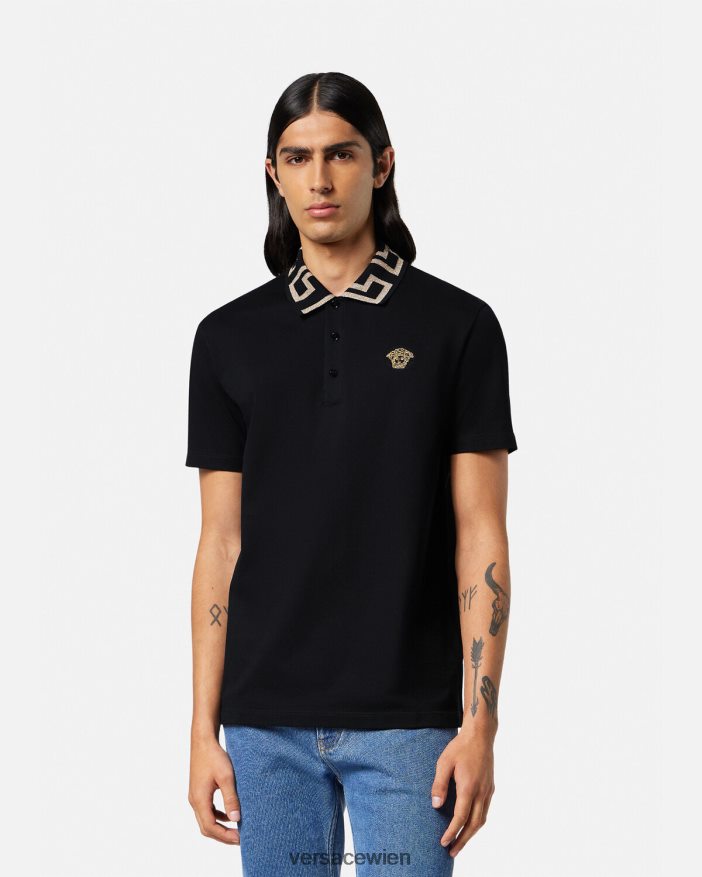 Schwarz Greca-Kurzarm-Poloshirt Versace Männer Kleidung 8N4XJD1375