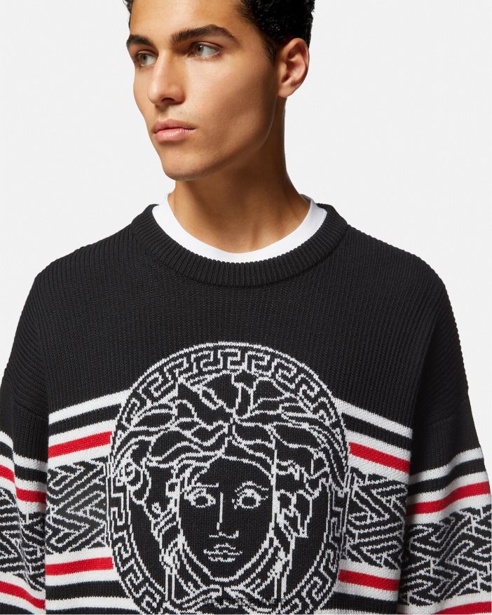 Schwarz Jacquard-Pullover mit Medusa-Streifen Versace Männer Kleidung 8N4XJD1344