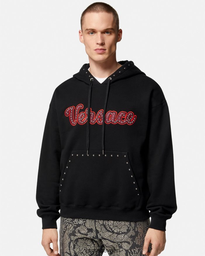 Schwarz Kapuzenpullover mit College-Logo und Nieten Versace Männer Kleidung 8N4XJD1425