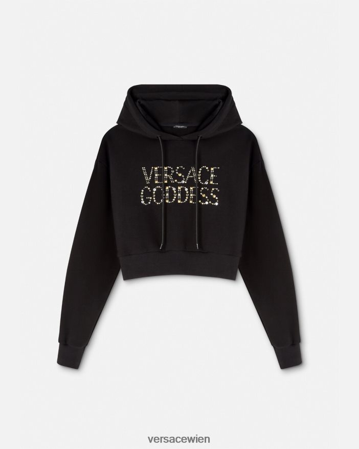 Schwarz Kurzer mit Nieten besetzter Goddess-Kapuzenpullover Versace Frauen Kleidung 8N4XJD145