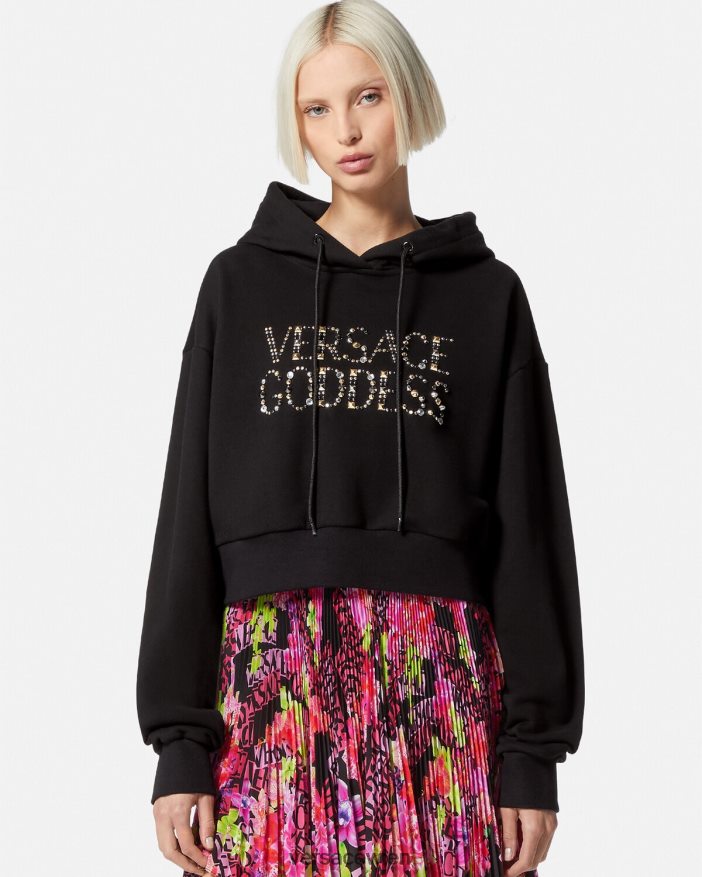 Schwarz Kurzer mit Nieten besetzter Goddess-Kapuzenpullover Versace Frauen Kleidung 8N4XJD145