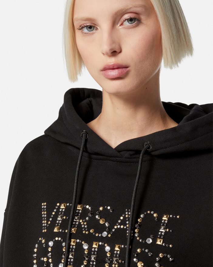 Schwarz Kurzer mit Nieten besetzter Goddess-Kapuzenpullover Versace Frauen Kleidung 8N4XJD145