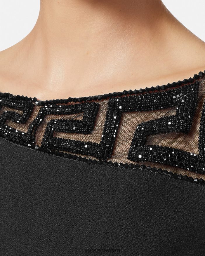 Schwarz Minikleid mit Greca-Kristallverzierung Versace Frauen Kleidung 8N4XJD37