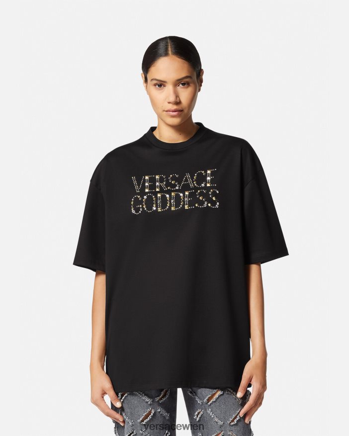 Schwarz Nietenbesetztes Göttinnen-T-Shirt Versace Frauen Kleidung 8N4XJD156