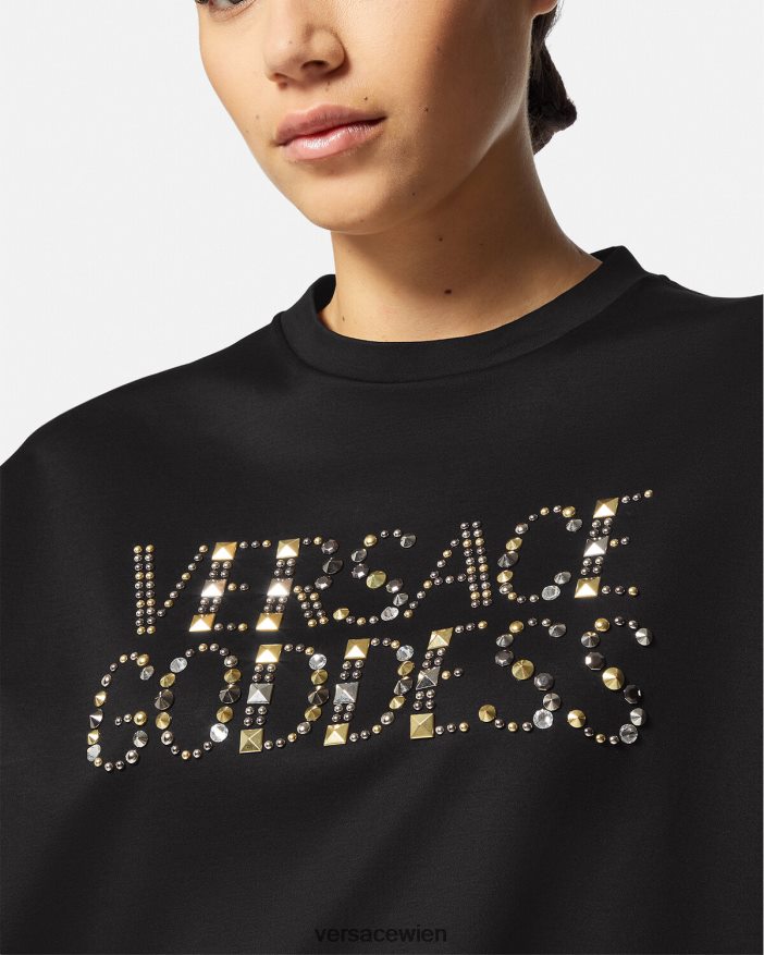 Schwarz Nietenbesetztes Göttinnen-T-Shirt Versace Frauen Kleidung 8N4XJD156