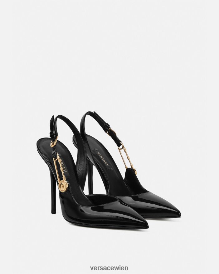 Schwarz Slingback-Pumps aus Lackleder mit Sicherheitsnadel Versace Frauen Schuh 8N4XJD490