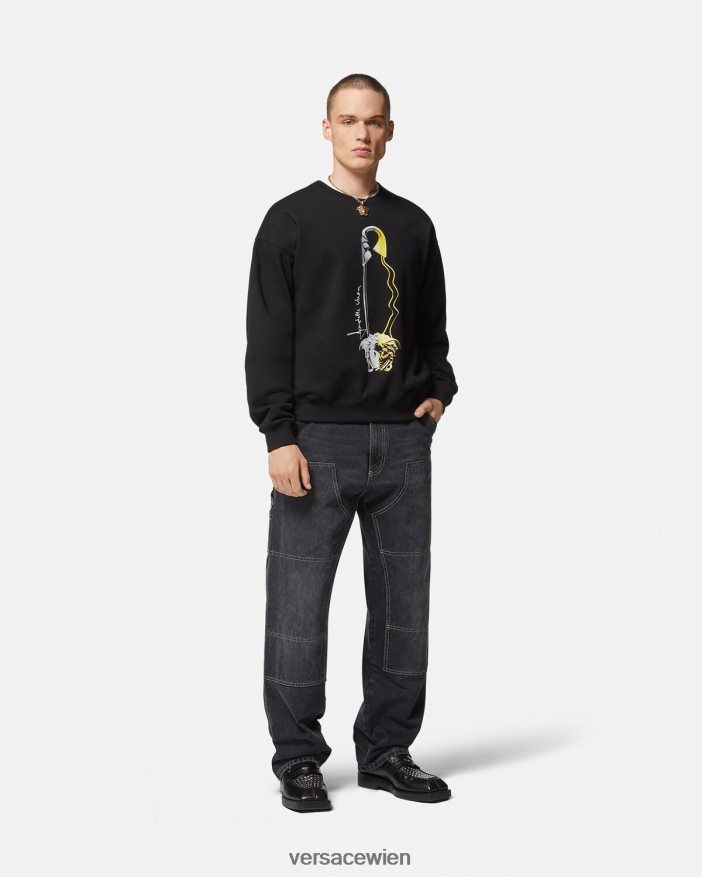 Schwarz Sweatshirt mit Sicherheitsnadel-Grafik Versace Männer Kleidung 8N4XJD1420