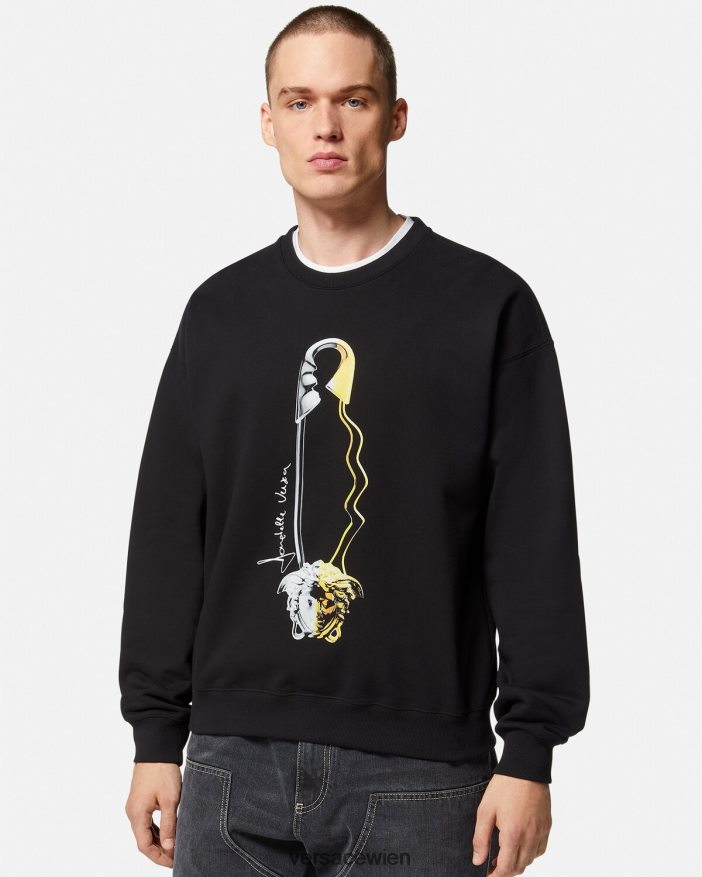 Schwarz Sweatshirt mit Sicherheitsnadel-Grafik Versace Männer Kleidung 8N4XJD1420