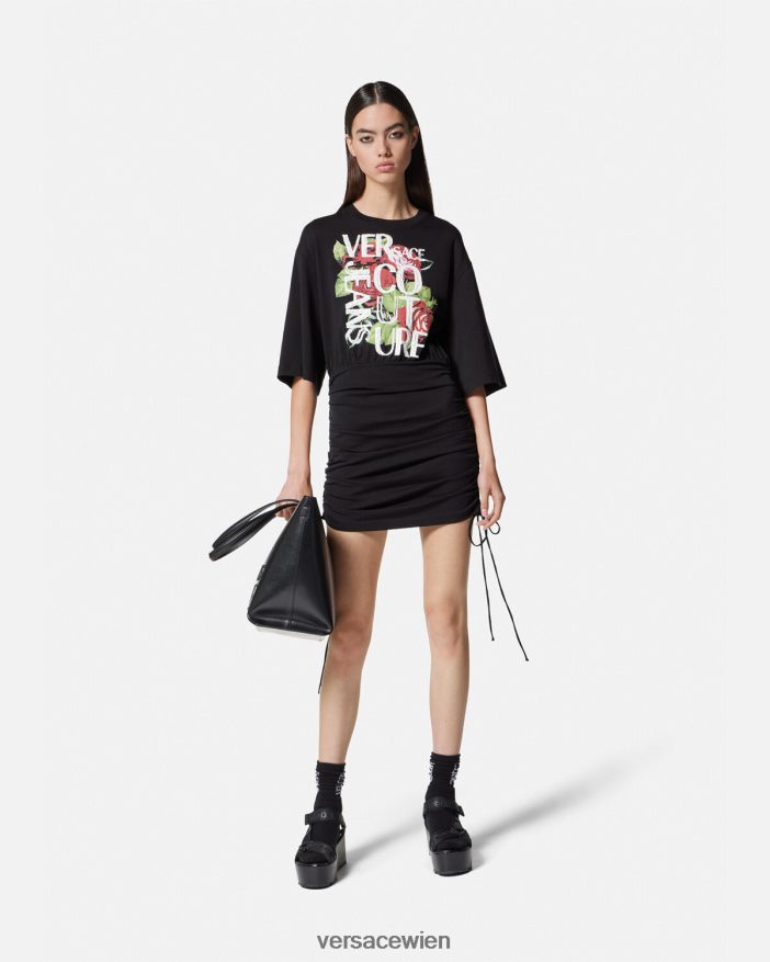 Schwarz T-Shirt-Kleid zum Schnüren mit Rosen-Logo Versace Frauen Kleidung 8N4XJD2161