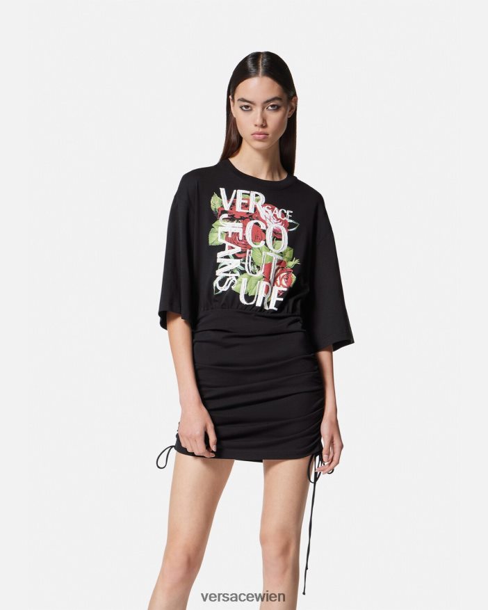 Schwarz T-Shirt-Kleid zum Schnüren mit Rosen-Logo Versace Frauen Kleidung 8N4XJD2161