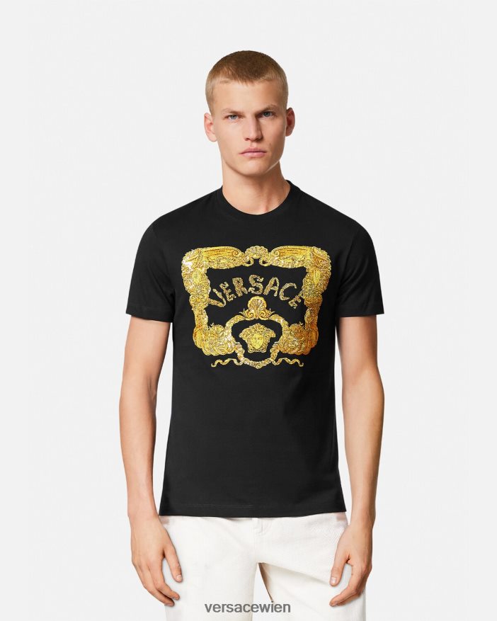 Schwarz T-Shirt im Barockstil mit Muschelstickerei Versace Männer Kleidung 8N4XJD1363