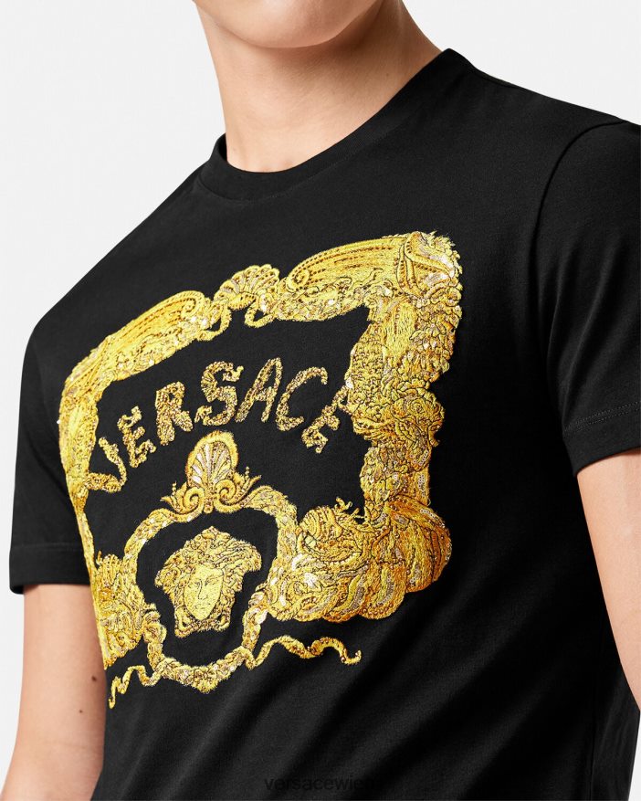 Schwarz T-Shirt im Barockstil mit Muschelstickerei Versace Männer Kleidung 8N4XJD1363