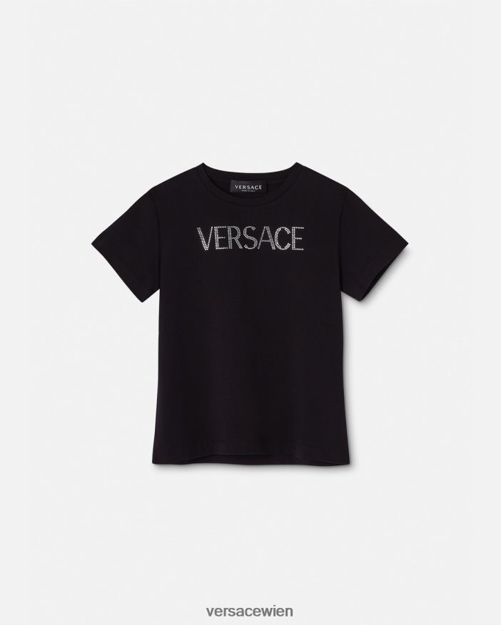 Schwarz T-Shirt mit Kristalllogo Versace Kinder Kleidung 8N4XJD2021