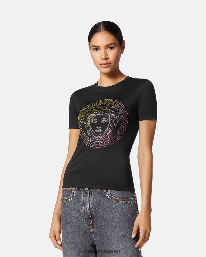 Schwarz T-Shirt mit Kristallmedusa Versace Frauen Kleidung 8N4XJD141