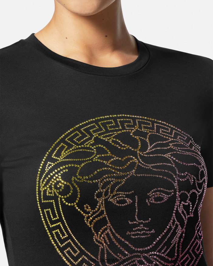 Schwarz T-Shirt mit Kristallmedusa Versace Frauen Kleidung 8N4XJD141