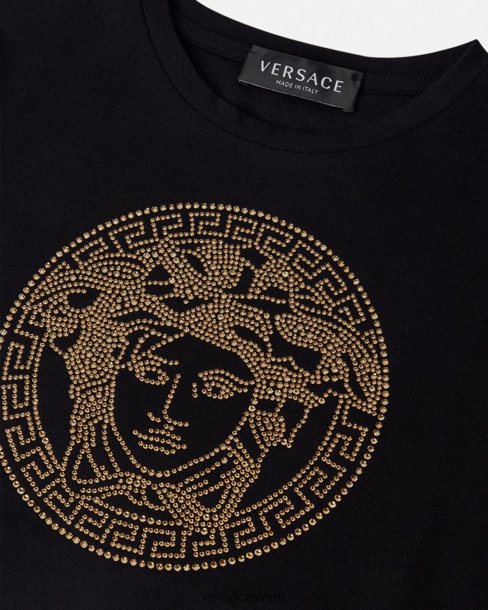 Schwarz T-Shirt mit Kristallmedusa Versace Kinder Kleidung 8N4XJD1961