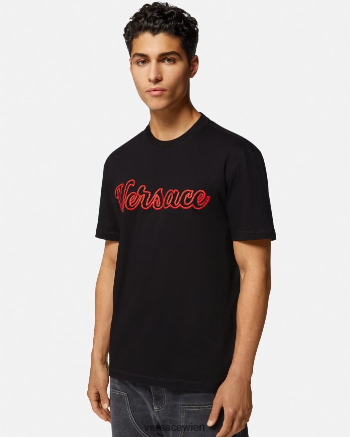 Schwarz T-Shirt mit aufgesticktem College-Logo Versace Männer Kleidung 8N4XJD1404