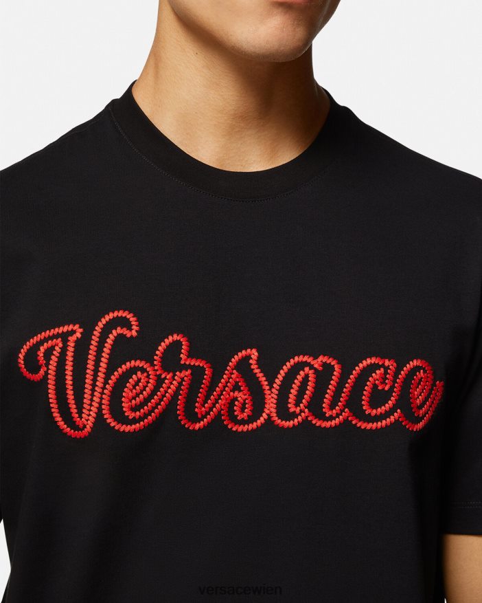 Schwarz T-Shirt mit aufgesticktem College-Logo Versace Männer Kleidung 8N4XJD1404