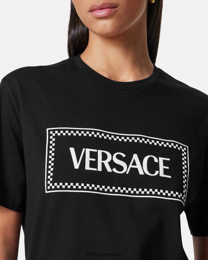 Schwarz T-Shirt mit aufgesticktem Logo Versace Frauen Kleidung 8N4XJD137