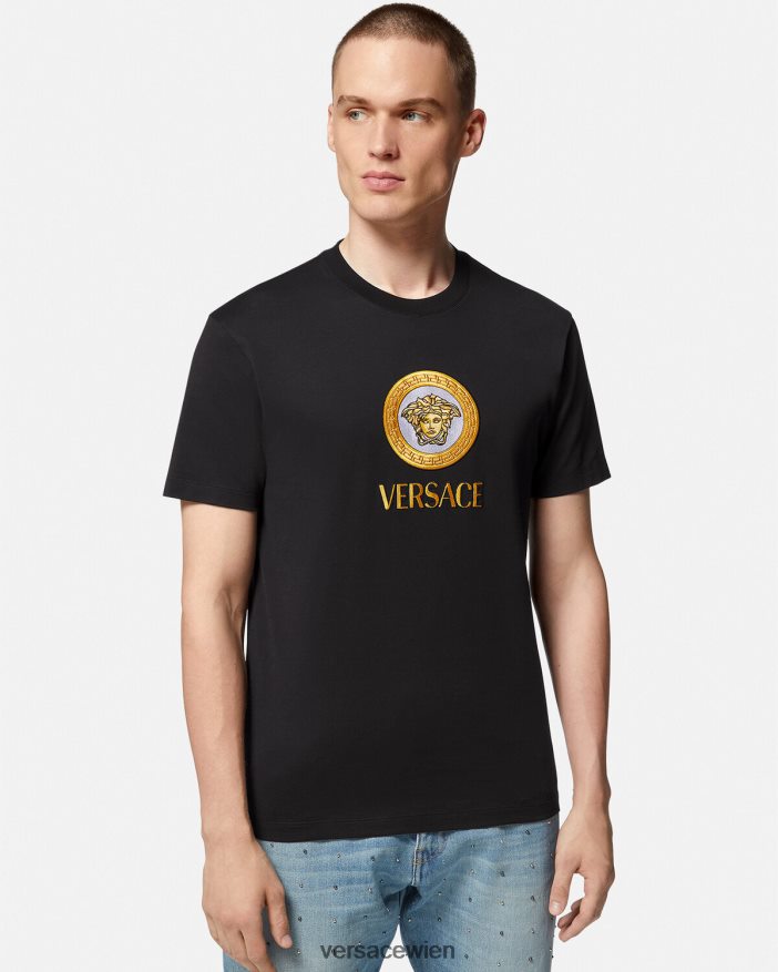 Schwarz T-Shirt mit aufgesticktem Medusa-Logo Versace Männer Kleidung 8N4XJD1399