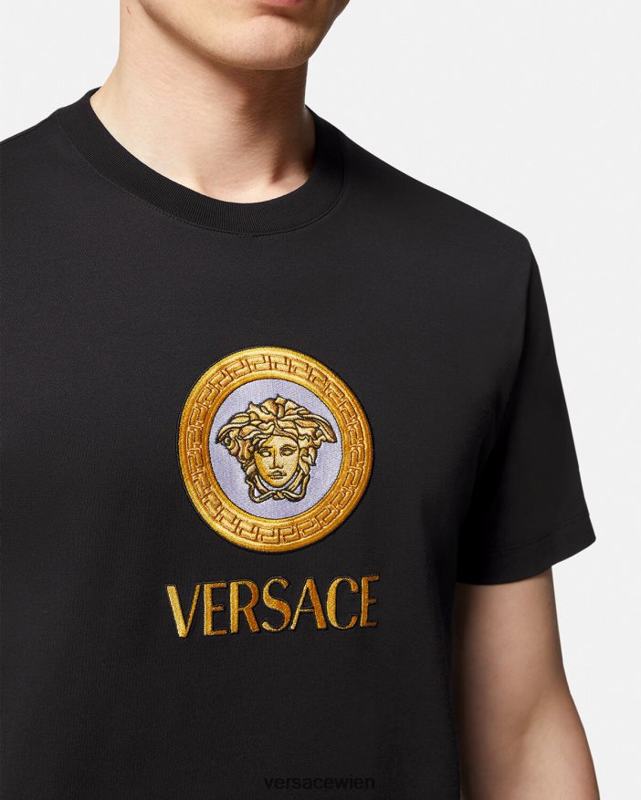 Schwarz T-Shirt mit aufgesticktem Medusa-Logo Versace Männer Kleidung 8N4XJD1399