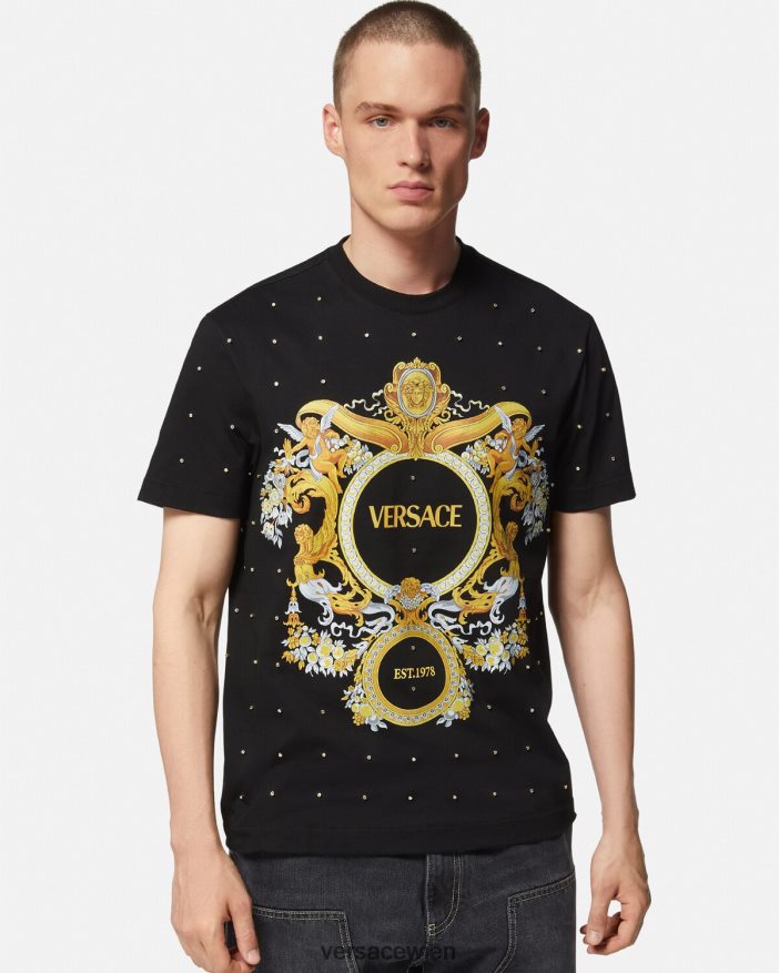 Schwarz T-Shirt mit barockem Kristallgitter Versace Männer Kleidung 8N4XJD1402